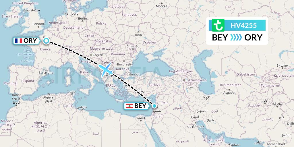 HV4255 Transavia Flight Map: Beirut to Paris