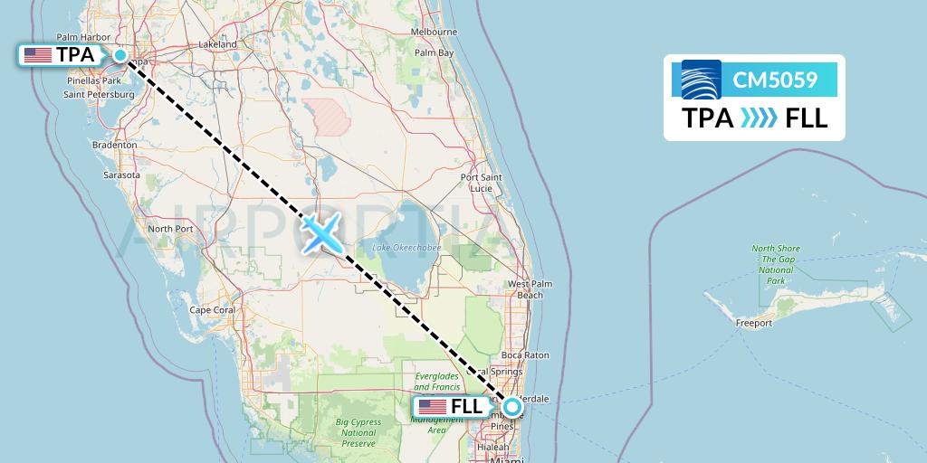 CM5059 Copa Airlines Flight Map: Tampa to Fort Lauderdale