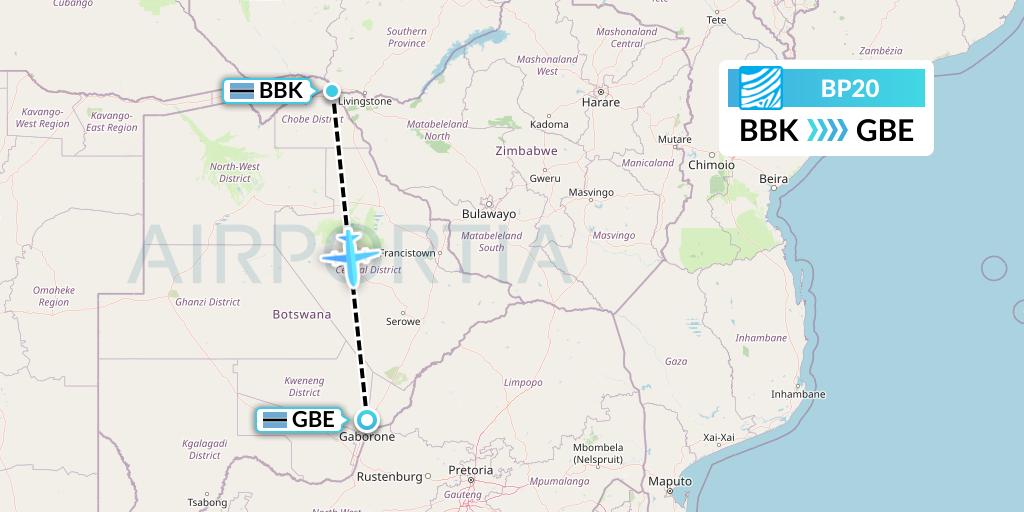 BP20 Air Botswana Flight Map: Kasane to Gaborone
