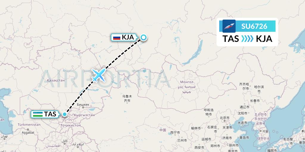 SU6726 Aeroflot Flight Map: Tashkent to Krasnoyarsk