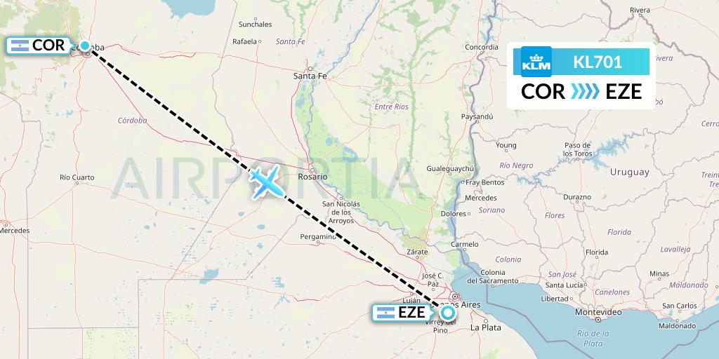 KL701 KLM Flight Map: Cordoba to Buenos Aires