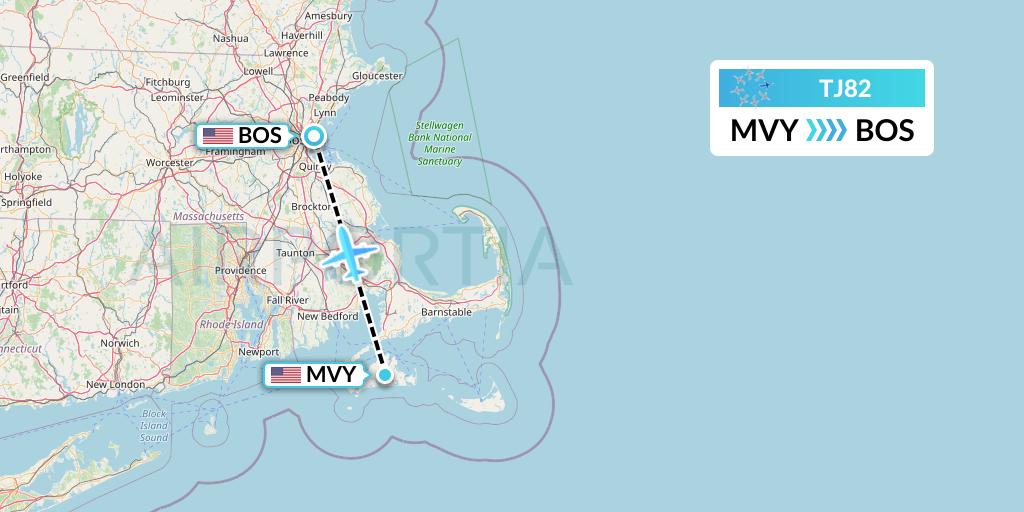 TJ82 Tradewind Aviation Flight Map: Martha's Vineyard to Boston