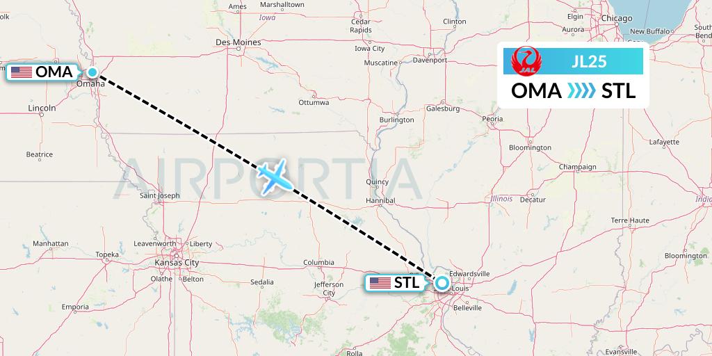 JL25 Japan Airlines Flight Map: Omaha to St. Louis
