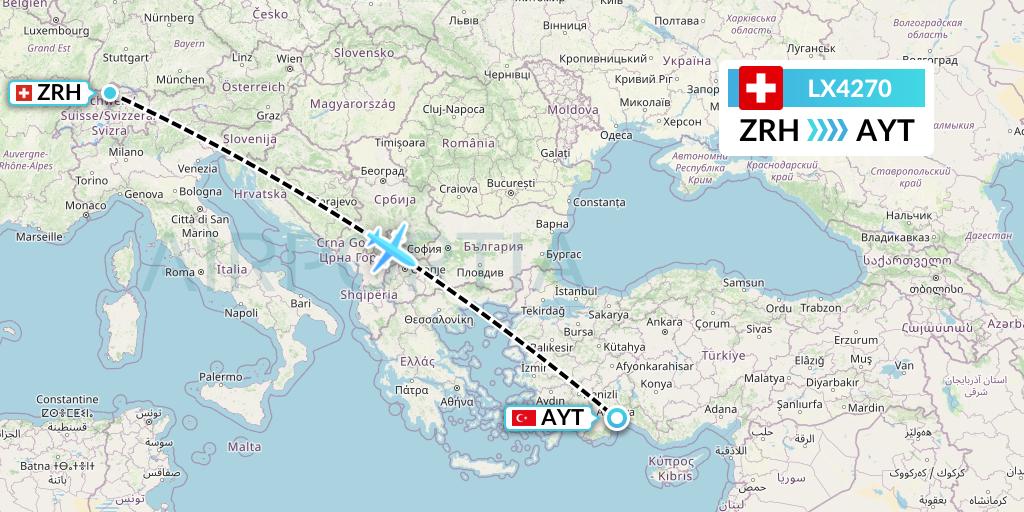 LX4270 Swiss Flight Map: Zurich to Antalya