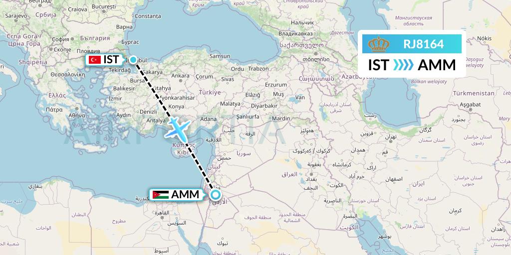 RJ8164 Royal Jordanian Flight Map: Istanbul to Amman