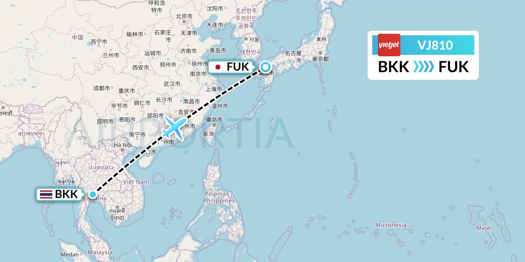 VJ810 VietJet Air Flight Map: Bangkok to Fukuoka
