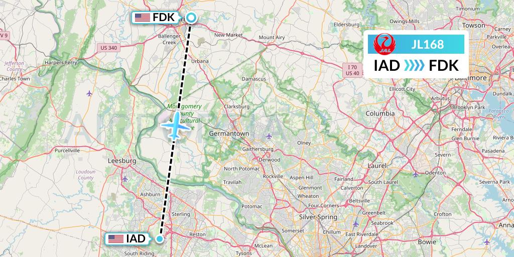 JL168 Japan Airlines Flight Map: Washington to Frederick