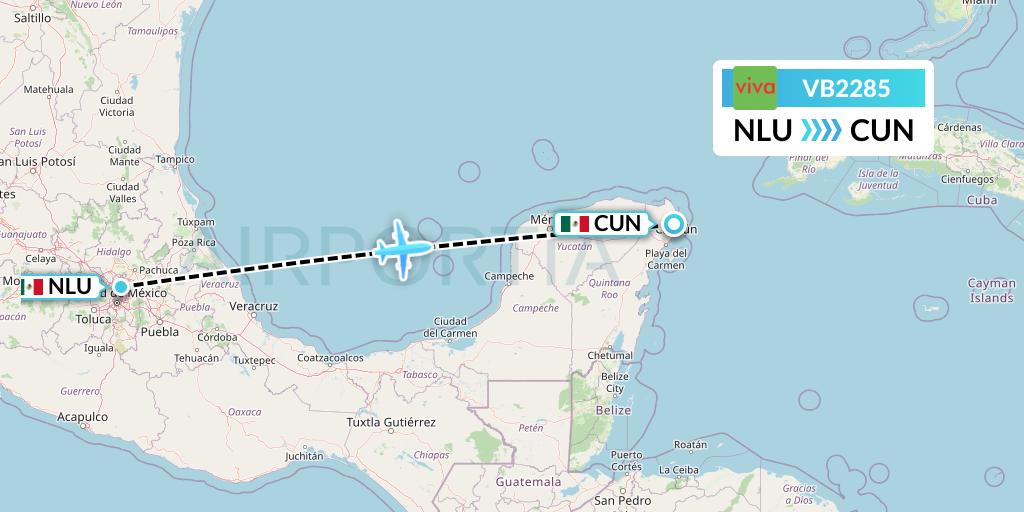 VB2285 VivaAerobus Flight Map: Reyes Acozac to Cancun