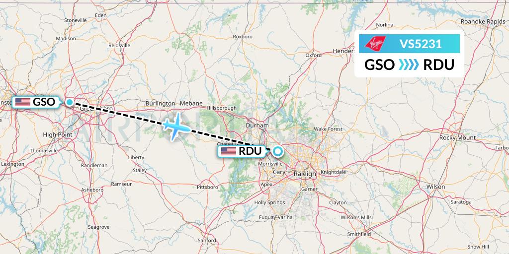 VS5231 Virgin Atlantic Airways Flight Map: Greensboro to Raleigh-Durham