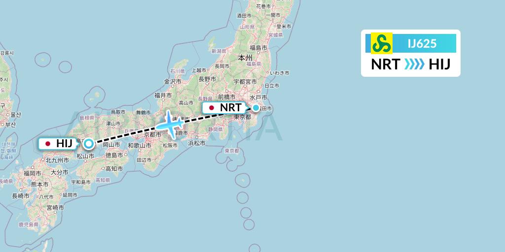 IJ625 Spring Airlines Japan Flight Map: Tokyo to Hiroshima