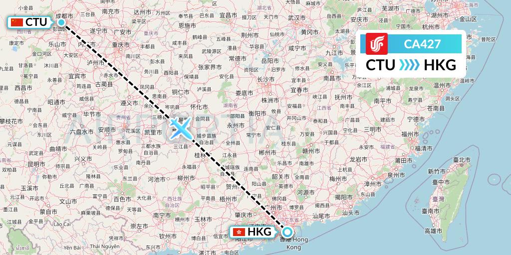 CA427 Air China Flight Map: Chengdu to Hong Kong