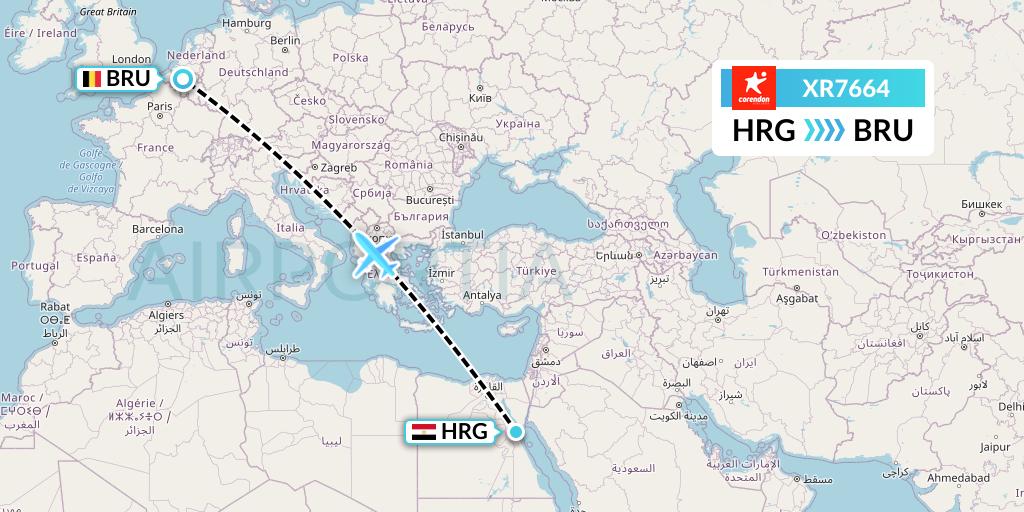 XR7664 Corendon Airlines Europe Flight Map: Hurghada to Brussels