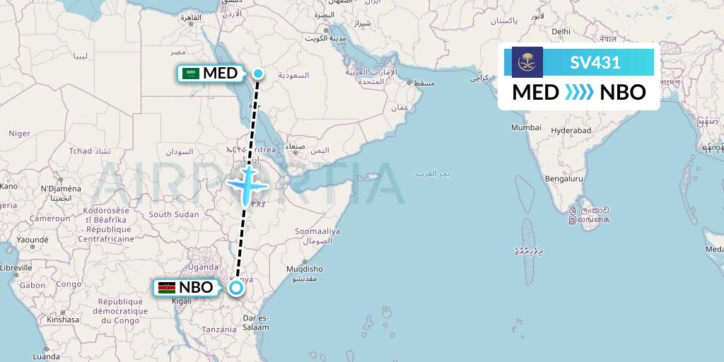 SV431 Saudi Arabian Airlines Flight Map: Medina to Nairobi