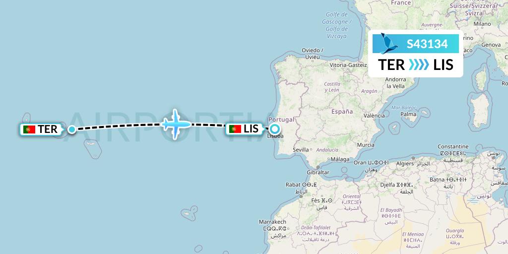 S43134 Azores Airlines Flight Map: Lajes to Lisbon