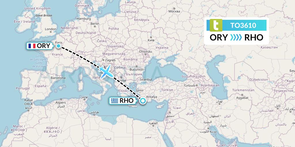 TO3610 Transavia France Flight Map: Paris to Rhodes