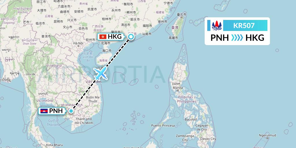 KR507 Cambodia Airways Flight Map: Phnom Penh to Hong Kong