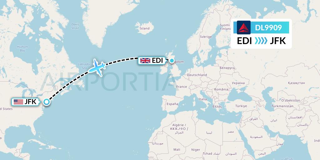 DL9909 Delta Air Lines Flight Map: Edinburgh to New York