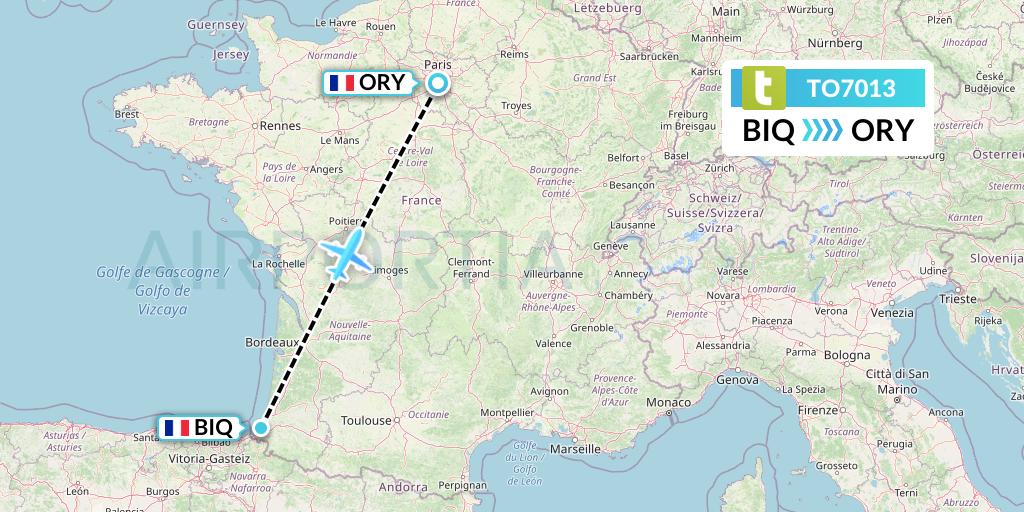 TO7013 Transavia France Flight Map: Biarritz to Paris