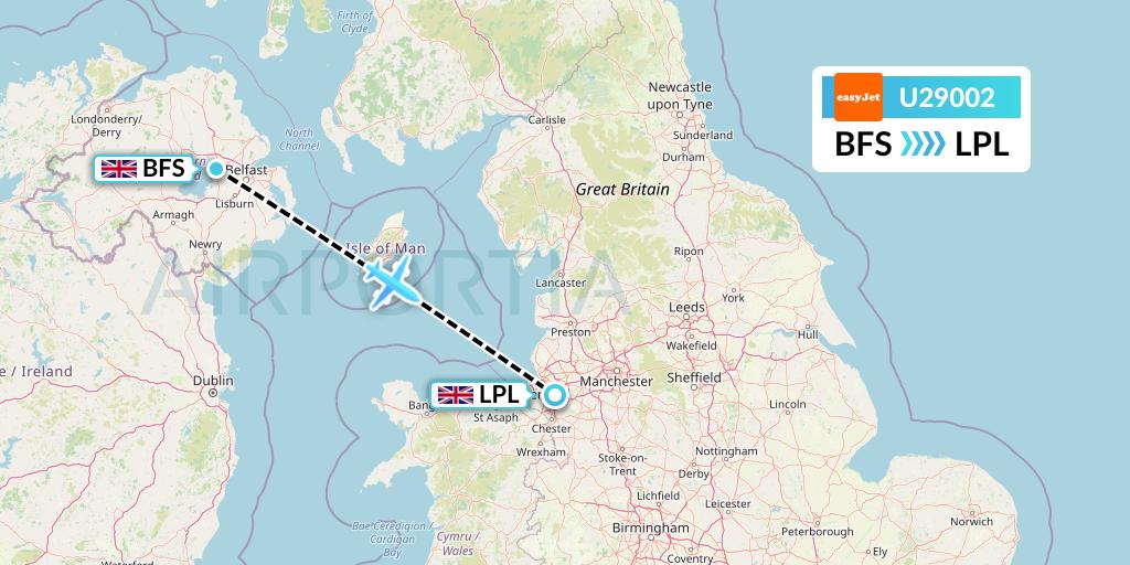 U29002 EasyJet Flight Map: Belfast to Liverpool