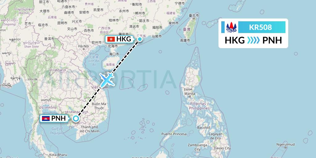 KR508 Cambodia Airways Flight Map: Hong Kong to Phnom Penh