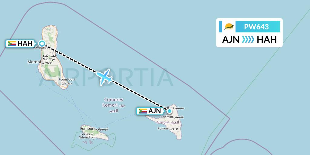 PW643 Precision Air Flight Map: Ouani to Moroni
