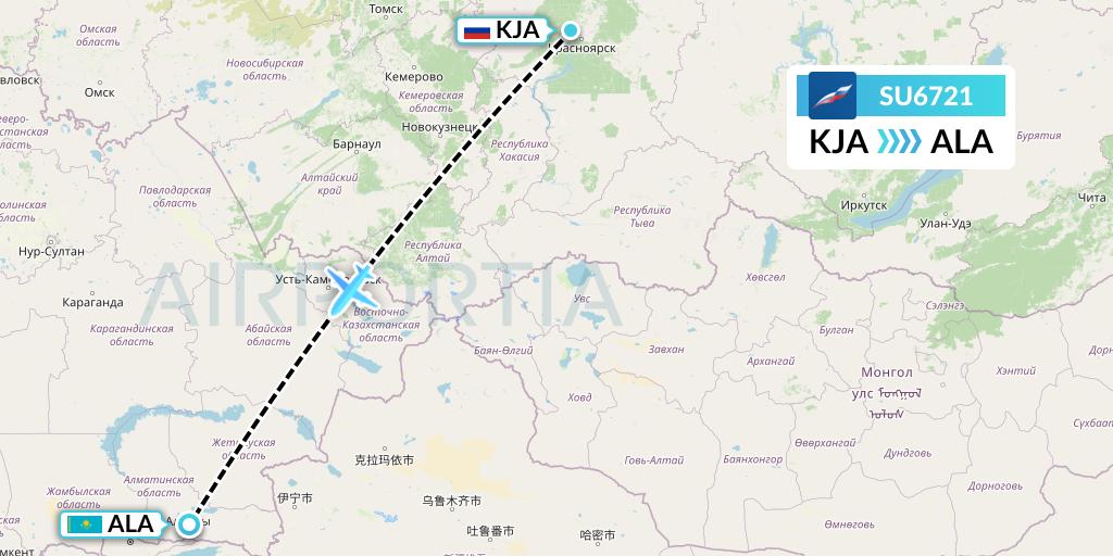 SU6721 Aeroflot Flight Map: Krasnoyarsk to Almaty