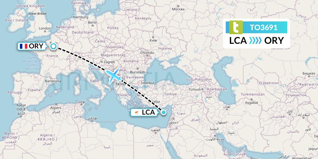 TO3691 Transavia France Flight Map: Larnaca to Paris