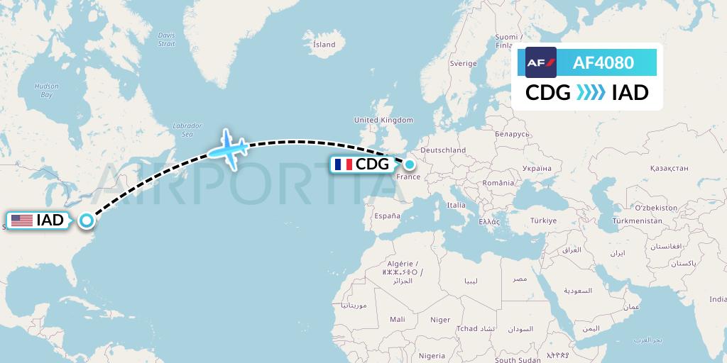 AF4080 Air France Flight Map: Paris to Washington