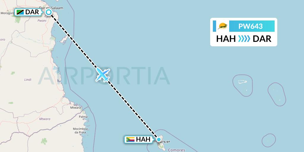 PW643 Precision Air Flight Map: Moroni to Dar-es-Salaam