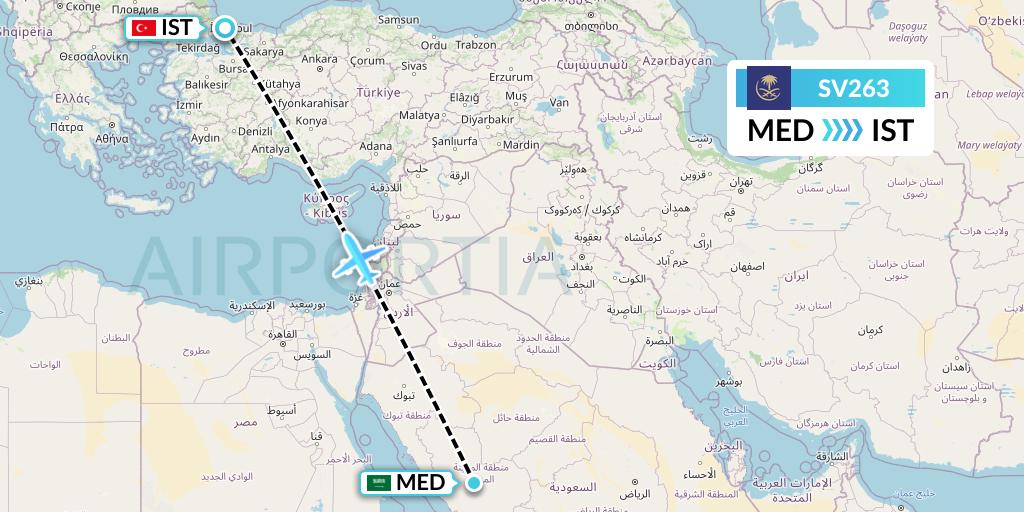 SV263 Saudi Arabian Airlines Flight Map: Medina to Istanbul