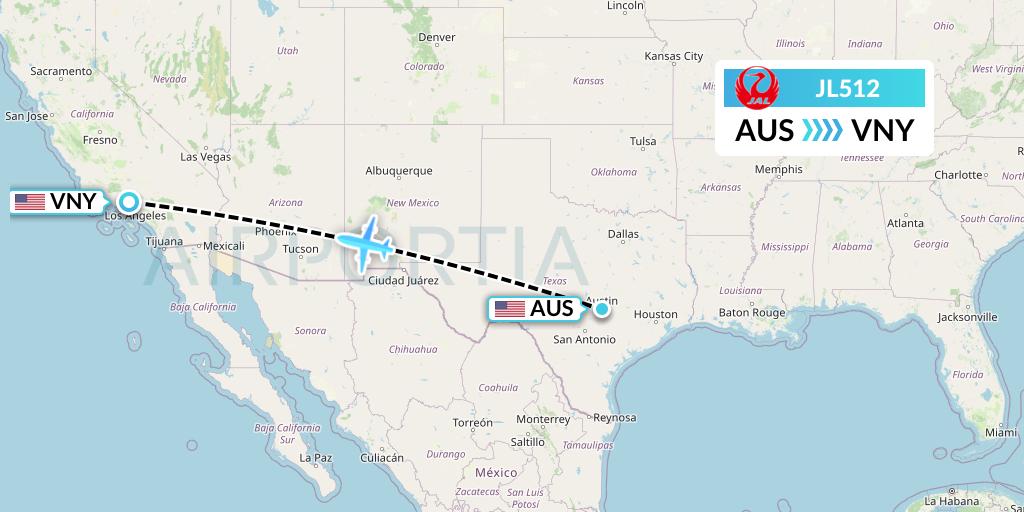 JL512 Japan Airlines Flight Map: Austin to Van Nuys