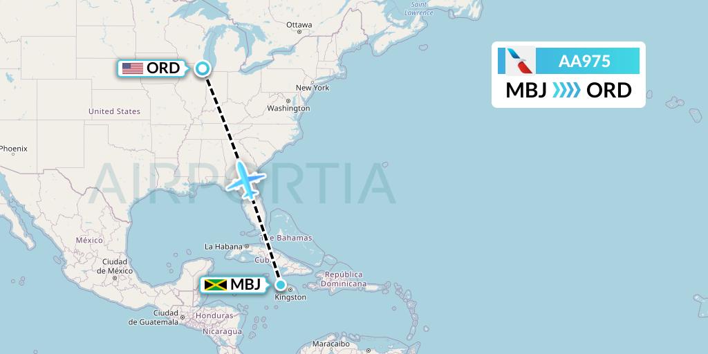 AA975 American Airlines Flight Map: Montego Bay to Chicago