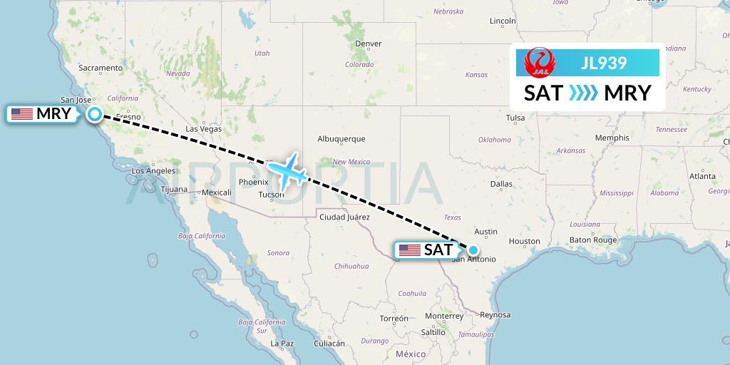 JL939 Japan Airlines Flight Map: San Antonio to Monterey