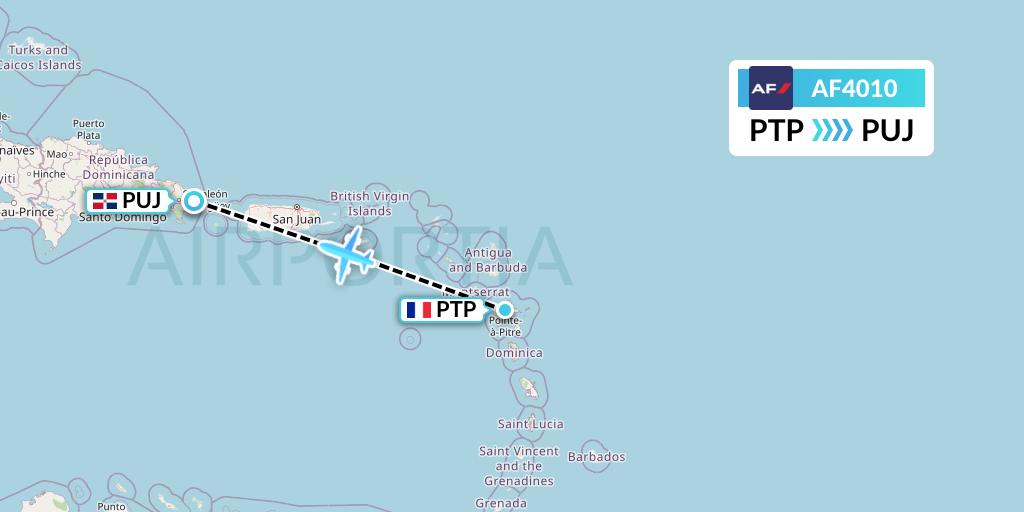 AF4010 Air France Flight Map: Pointe-a-Pitre to Punta Cana