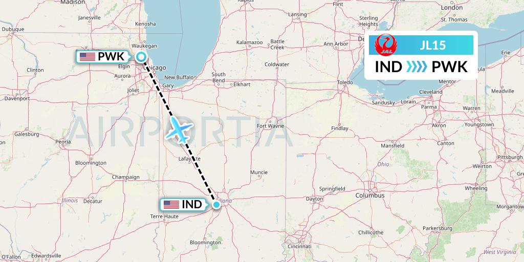 JL15 Japan Airlines Flight Map: Indianapolis to Chicago