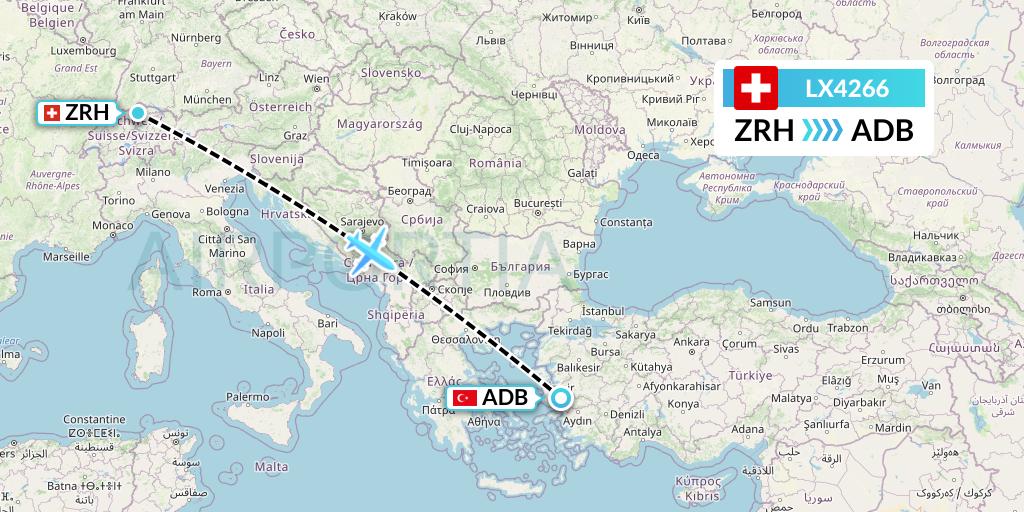 LX4266 Swiss Flight Map: Zurich to Izmir