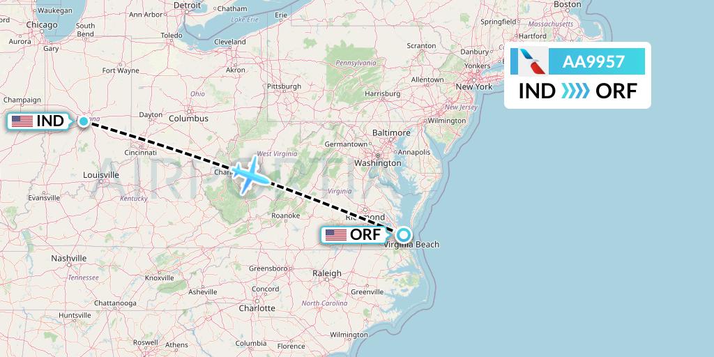 AA9957 American Airlines Flight Map: Indianapolis to Norfolk