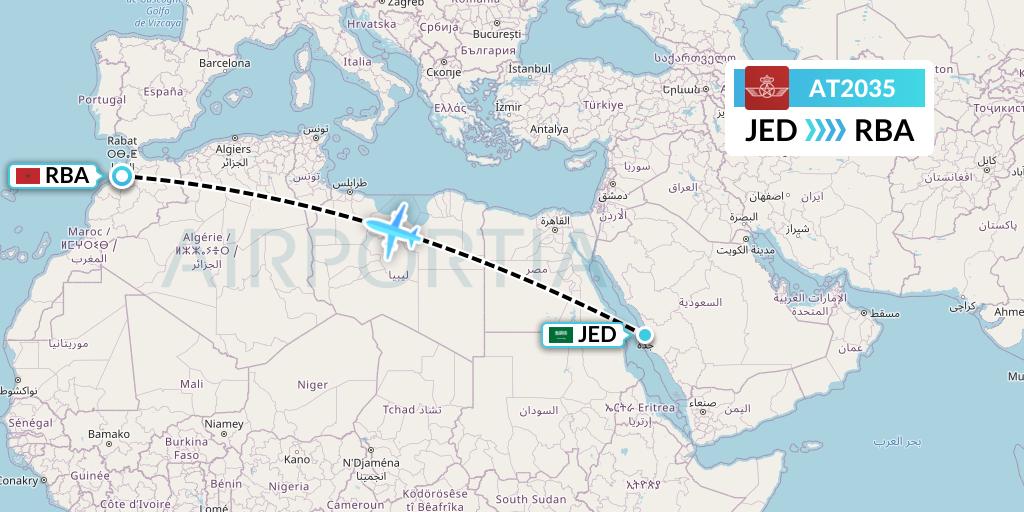 AT2035 Royal Air Maroc Flight Map: Jeddah to Rabat