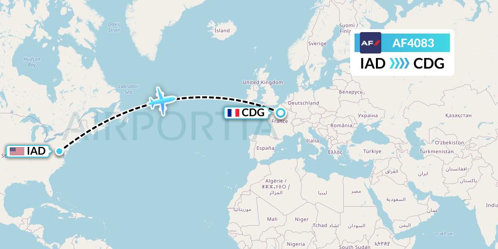 AF4083 Air France Flight Map: Washington to Paris