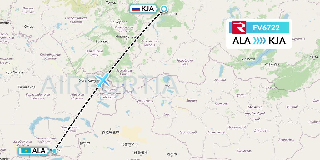 FV6722 Rossiya Flight Map: Almaty to Krasnoyarsk