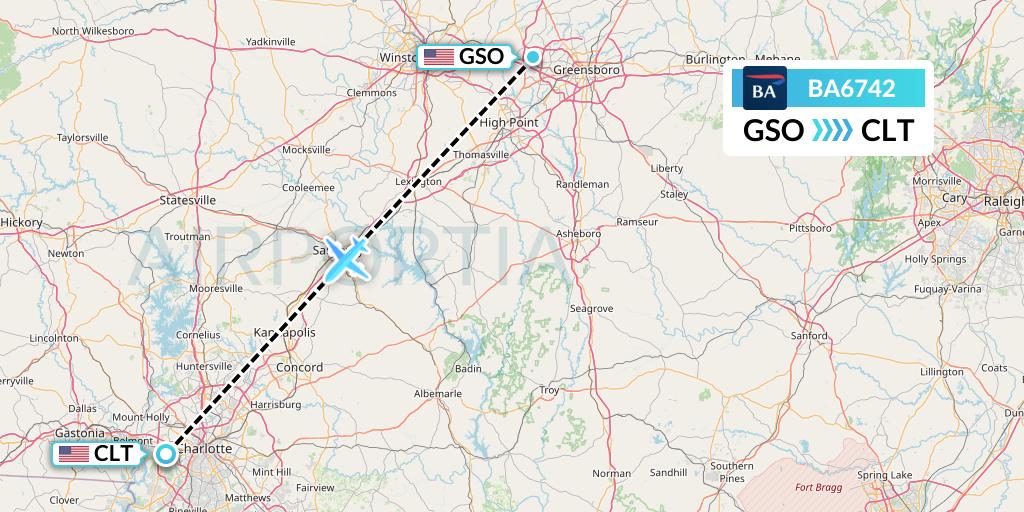 BA6742 British Airways Flight Map: Greensboro to Charlotte