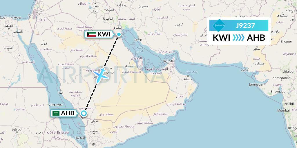 J9237 Jazeera Airways Flight Map: Kuwait City to Abha