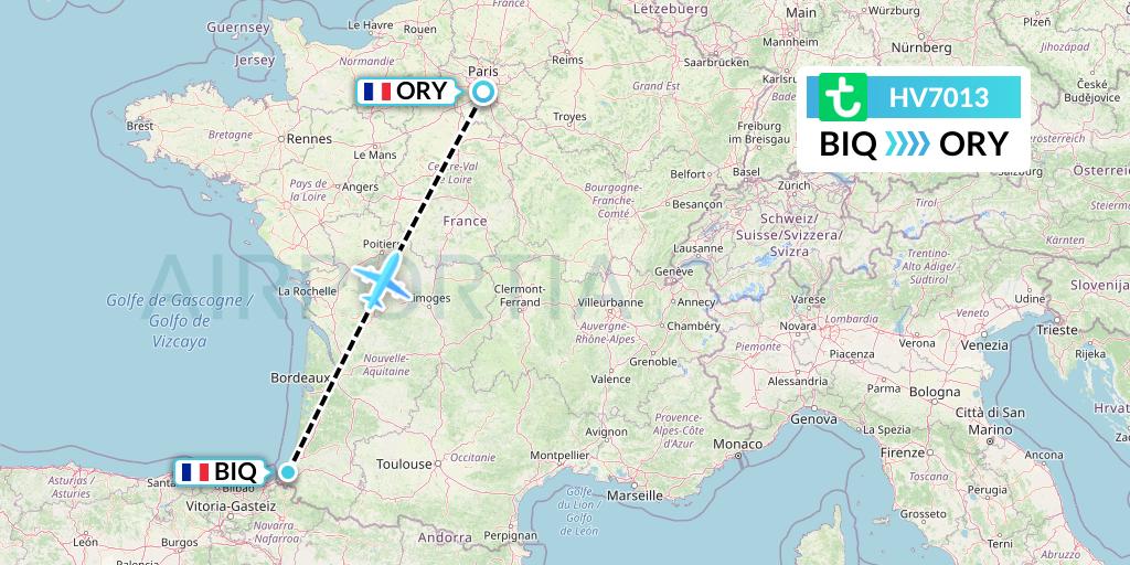 HV7013 Transavia Flight Map: Biarritz to Paris