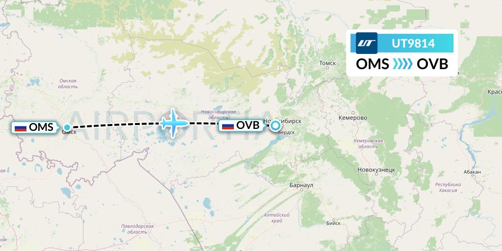 UT9814 UTair Flight Map: Omsk to Novosibirsk