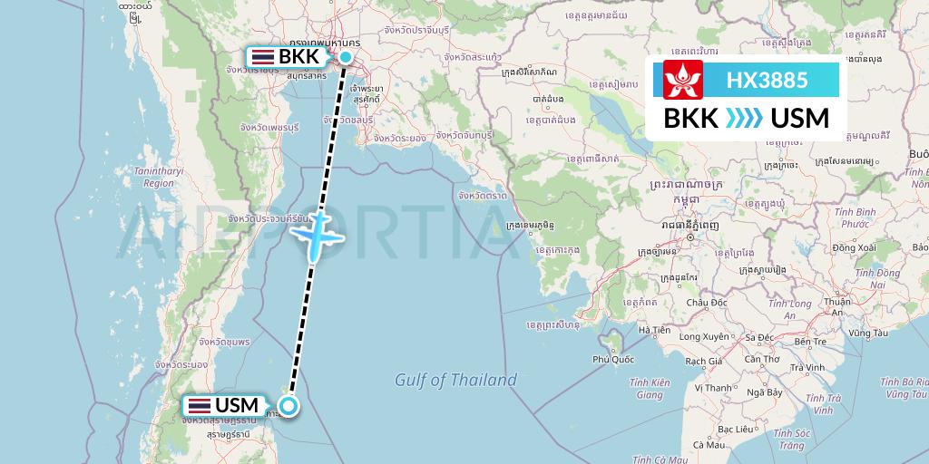 HX3885 Hong Kong Airlines Flight Map: Bangkok to Koh Samui