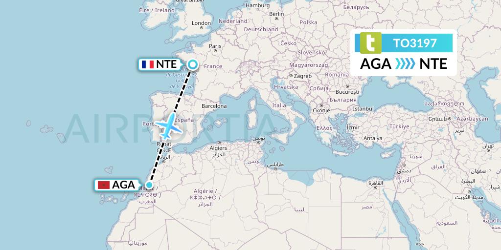 TO3197 Transavia France Flight Map: Agadir to Nantes