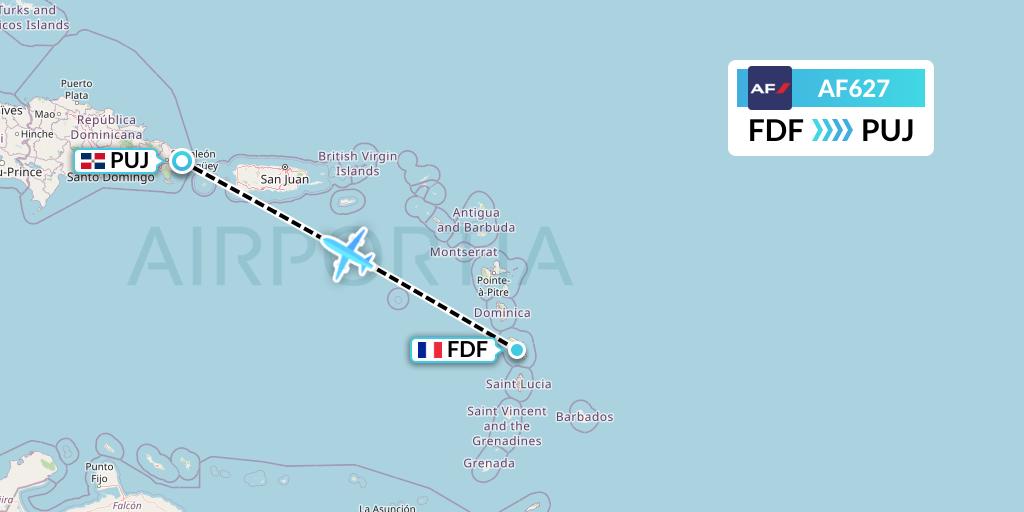 AF627 Air France Flight Map: Fort-de-France to Punta Cana