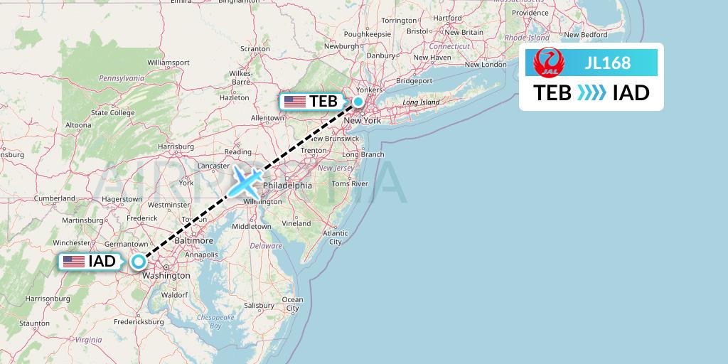 JL168 Japan Airlines Flight Map: Teterboro to Washington