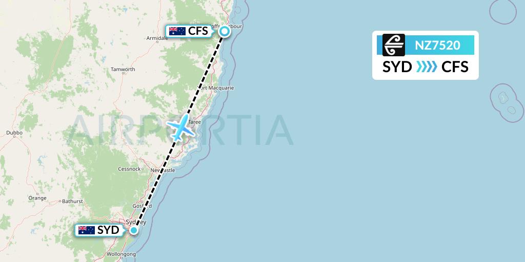NZ7520 Air New Zealand Flight Map: Sydney to Coffs Harbour
