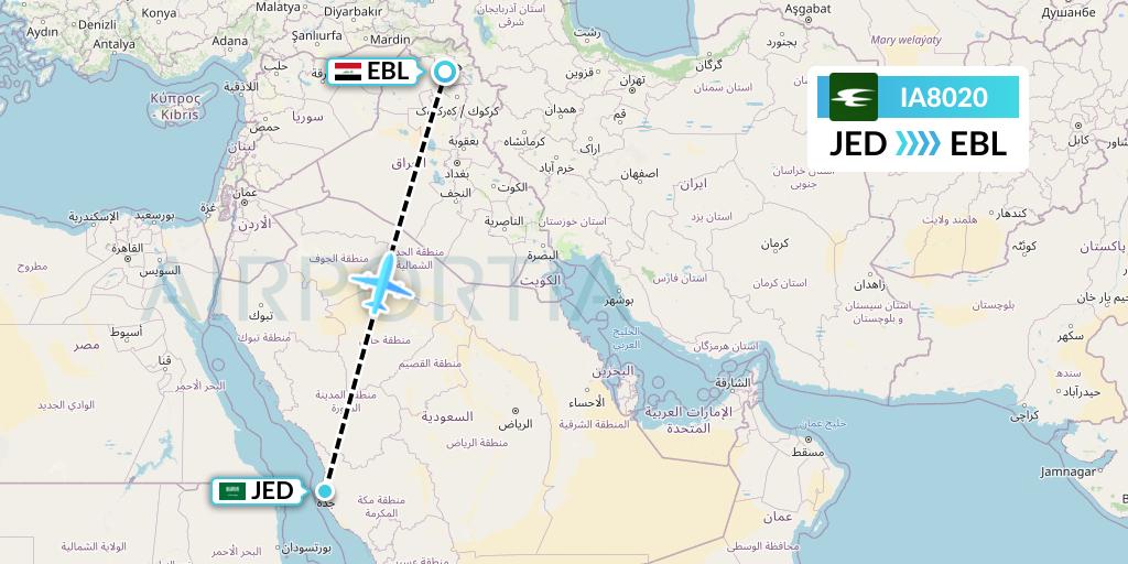 IA8020 Iraqi Airways Flight Map: Jeddah to Arbil